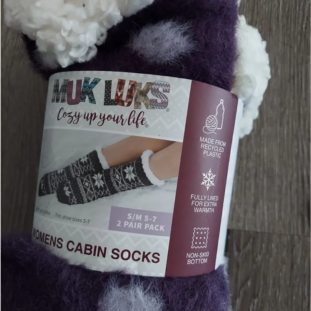 Muk Luk Womens Cabin Socks 2 Pair Purple Polka Dot & Purple/White Plaid S/M 5-7